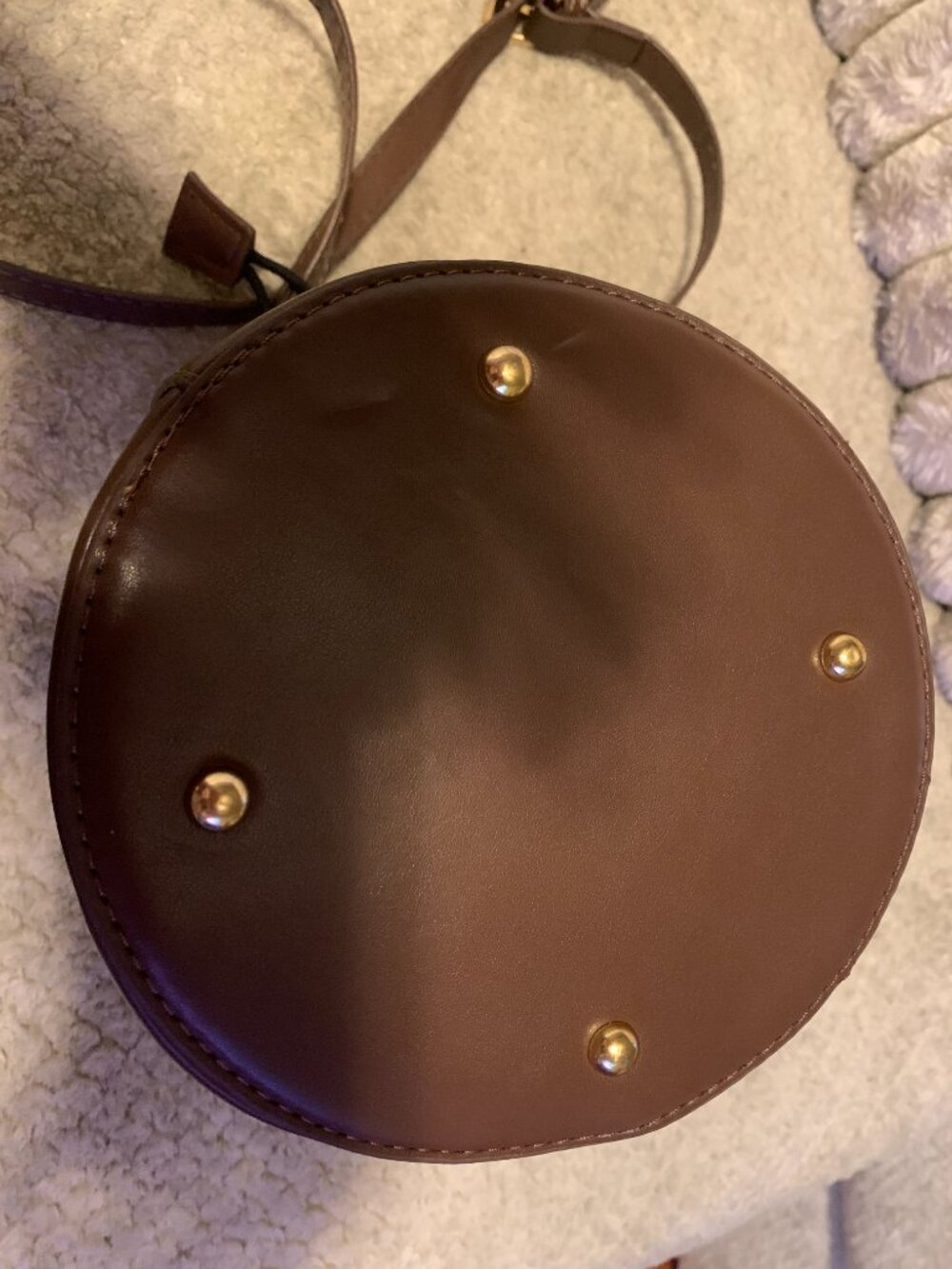 Round Brown Faux Leather Bucket Shoulder Bag Purse - Picture 5 of 5
